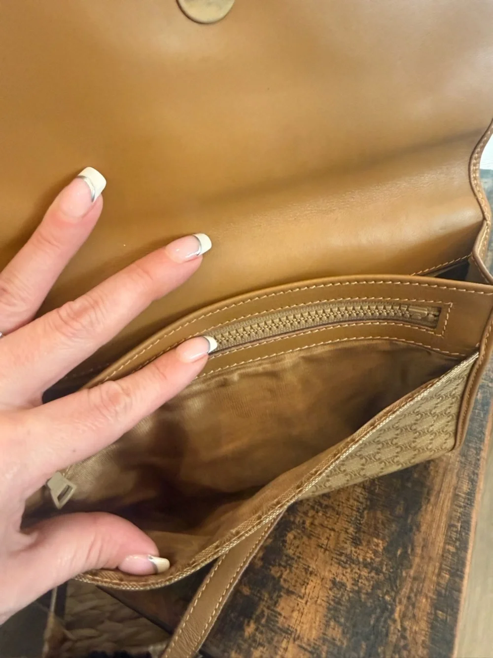 Celine Authentic Tan Macadam Crossbody Shoulder Bag w/Tan leather accent - Picture 9 of 15